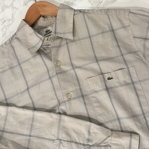 Lacoste Light Gray Checkered Long Sleeve Button Down Shirt With Pocket Logo